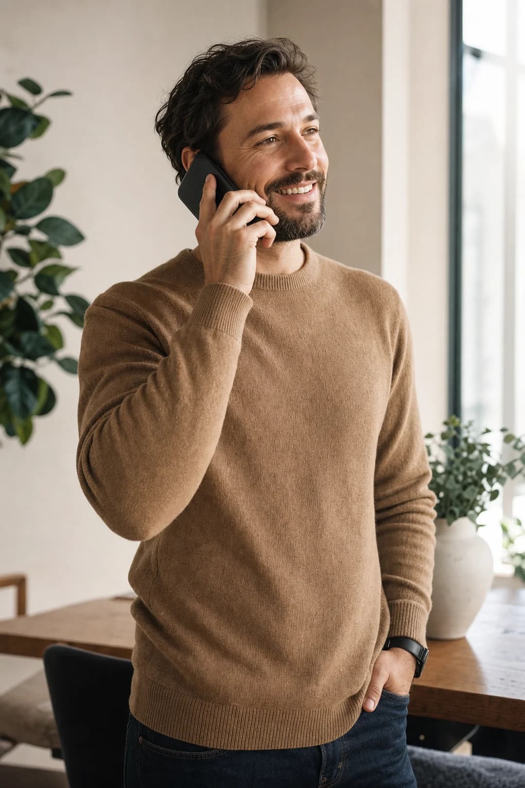 Personne souriante qui parle au téléphone cellulaire