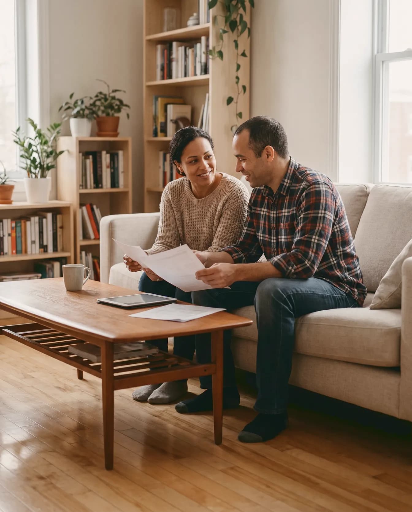 Couple qui examine du courrier ensemble dans le salon