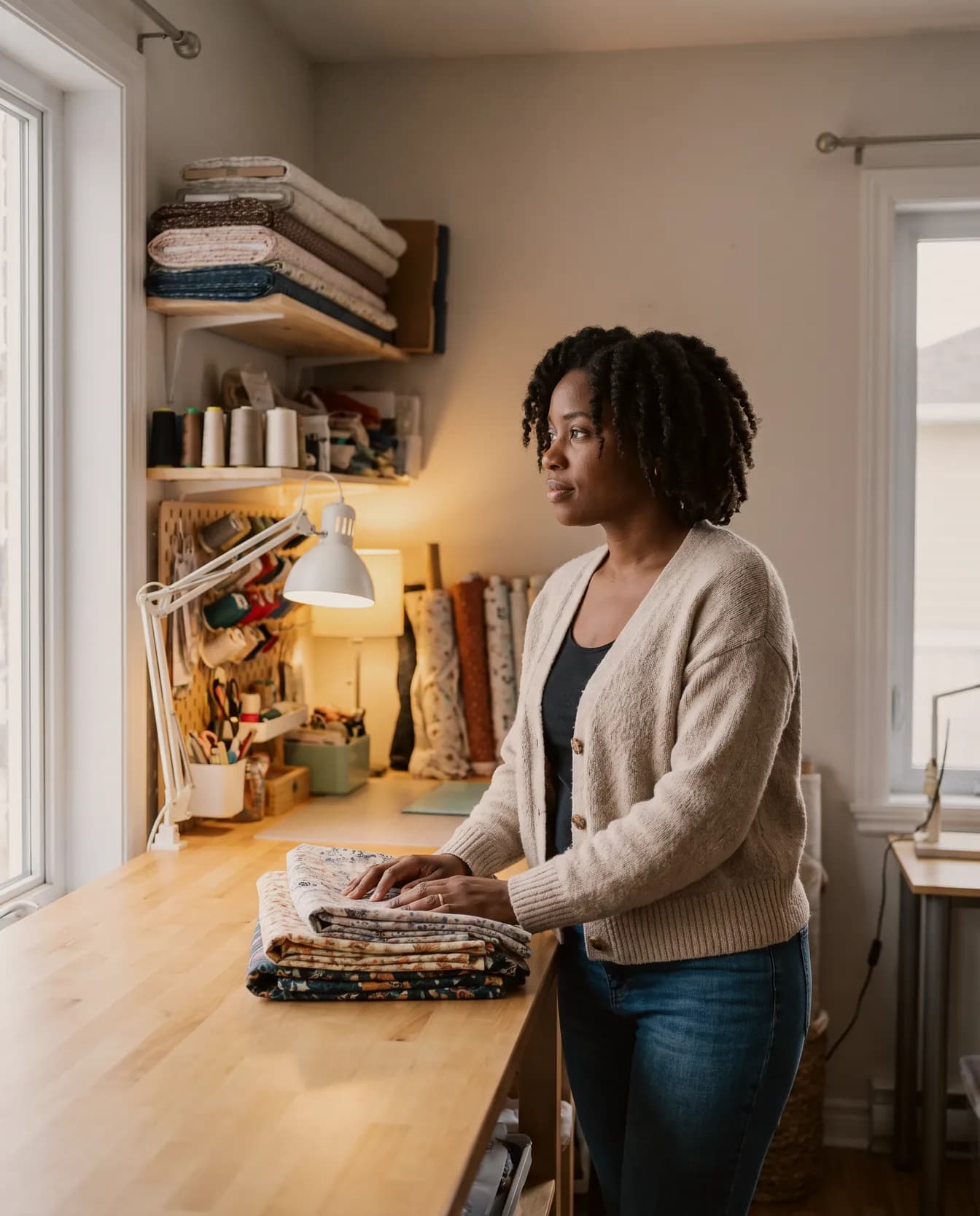 Femme dans son atelier, les mains posées sur des tissus pliés