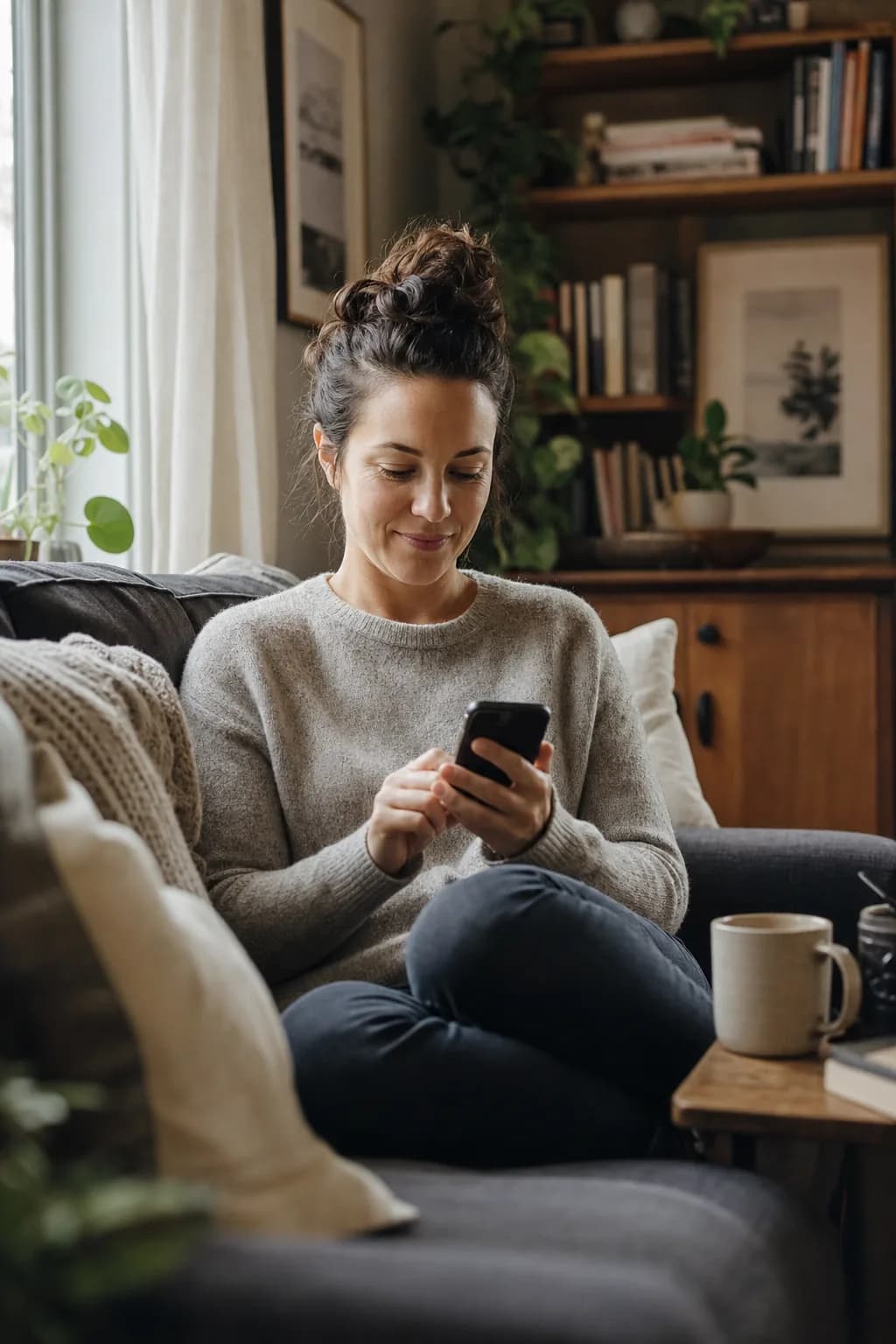 Femme remplissant sa demande de prêt sur son téléphone, assise dans son salon