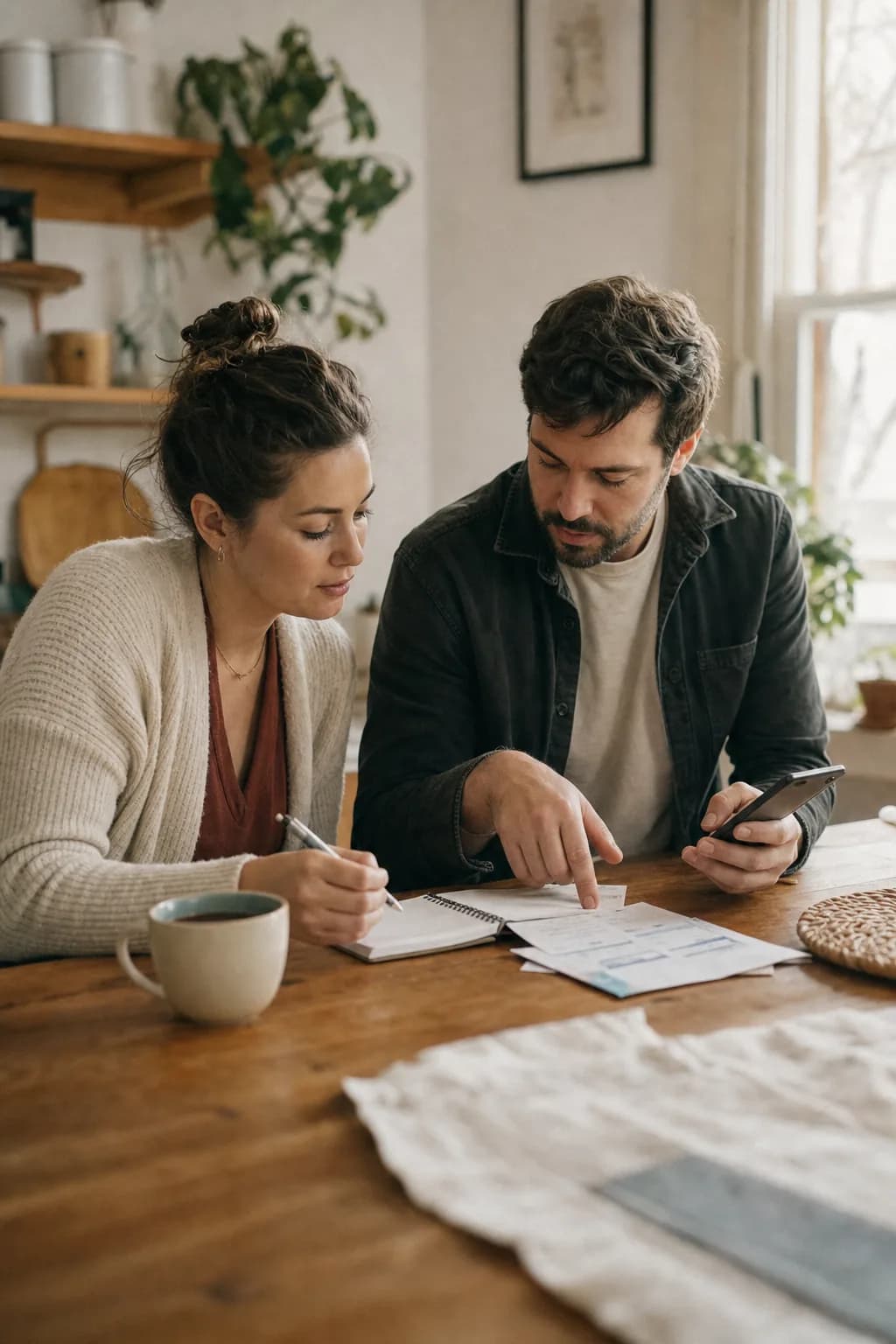 Couple attablé dans sa cuisine, qui passe en revue son budget ensemble