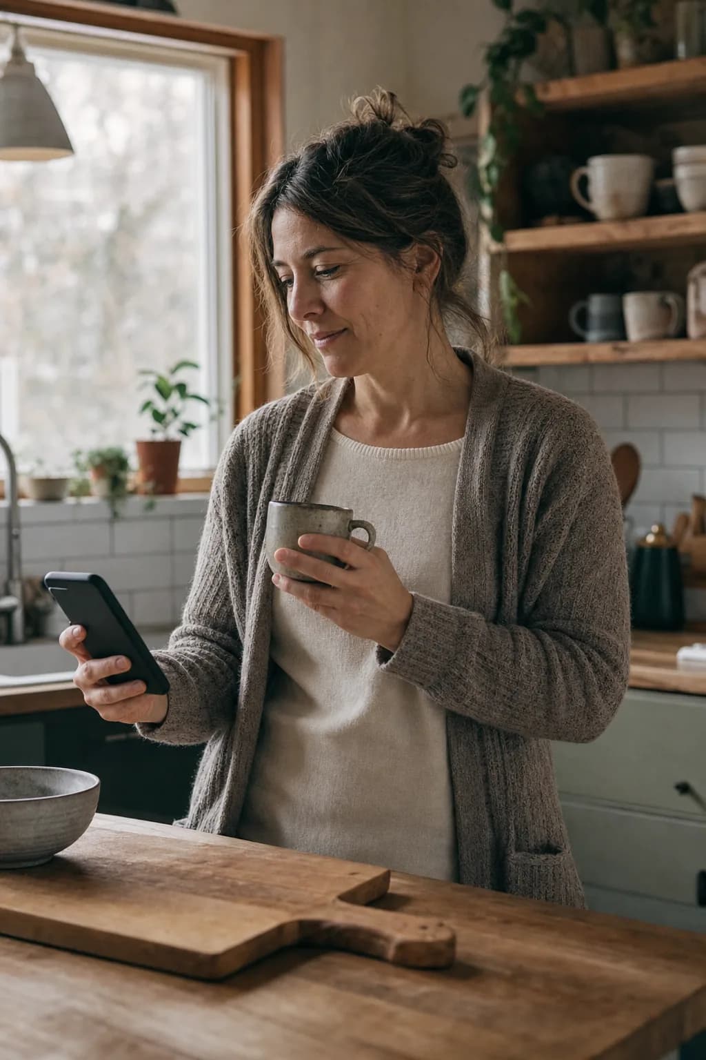 Cliente qui consulte son calendrier de versements depuis sa cuisine
