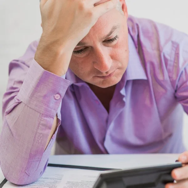 Un homme regarde son téléphone en se tenant la tête, exprimant une apparente frustration ou préoccupation.